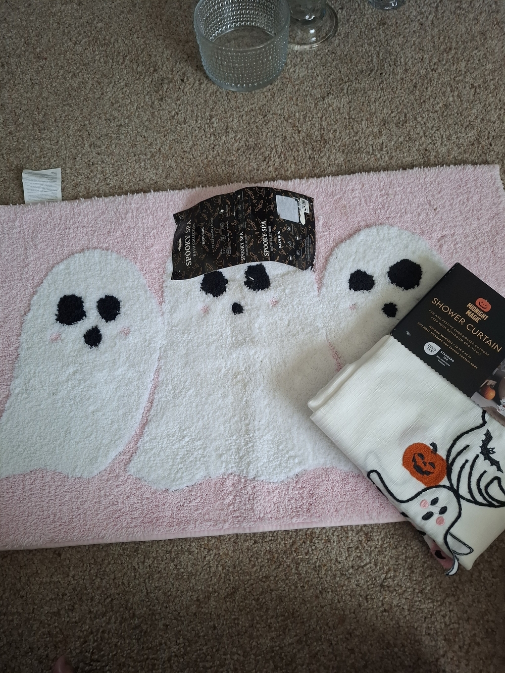 Kids Ghost Costume - Pink and White Plush Ghost Set Bath Rug And Shower Curtain